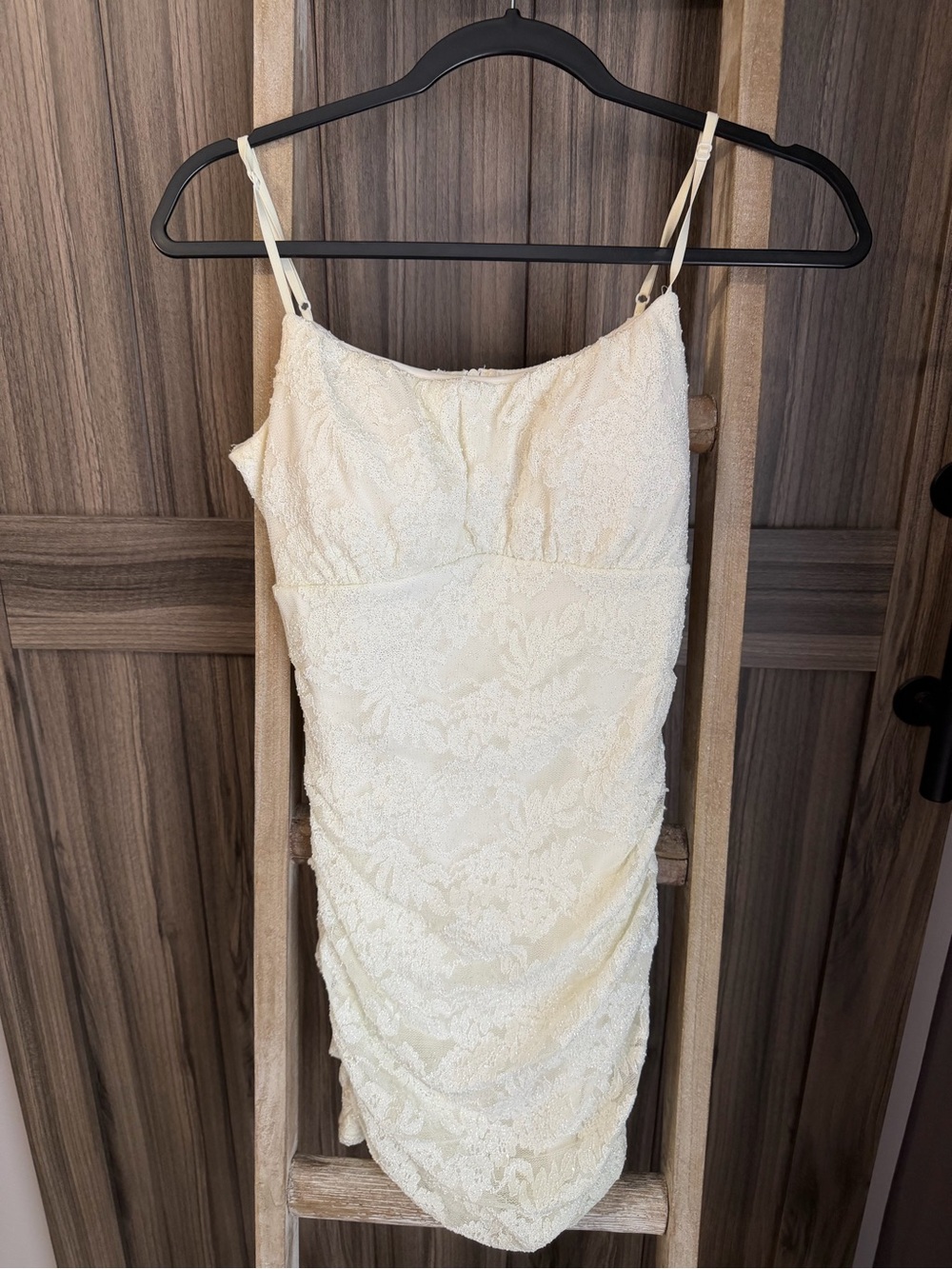 Emerald Sundae Cream (off white)  Lace Ruched Mini Dress